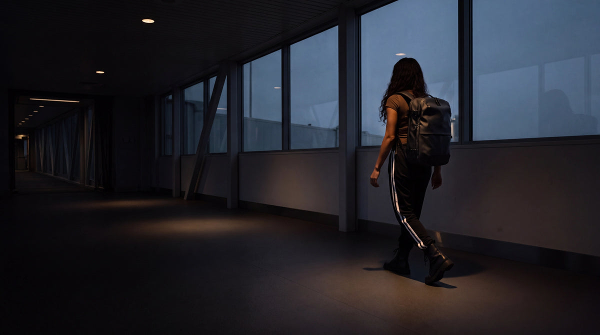 A traveller walks a dim jet bridge before dawn, a PacknTrip ProPack on their back