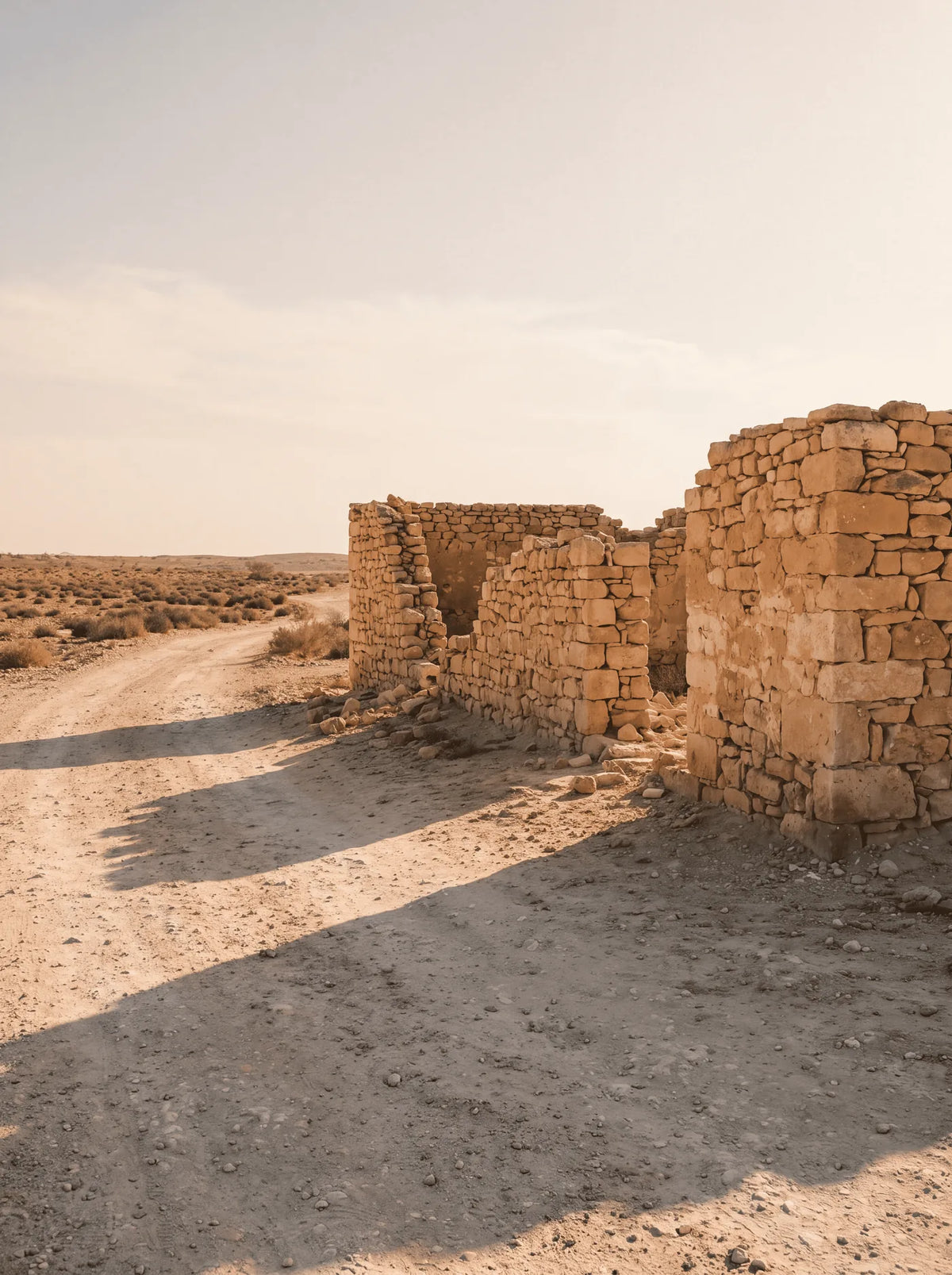 A dry stone ruin beside a desert road in late afternoon light