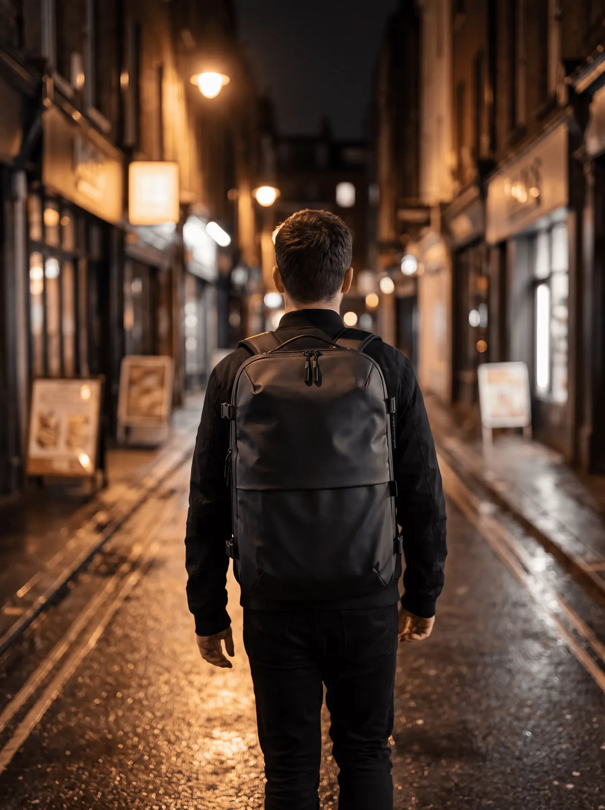 A traveller on a rain-wet street at night, ProPack on their back