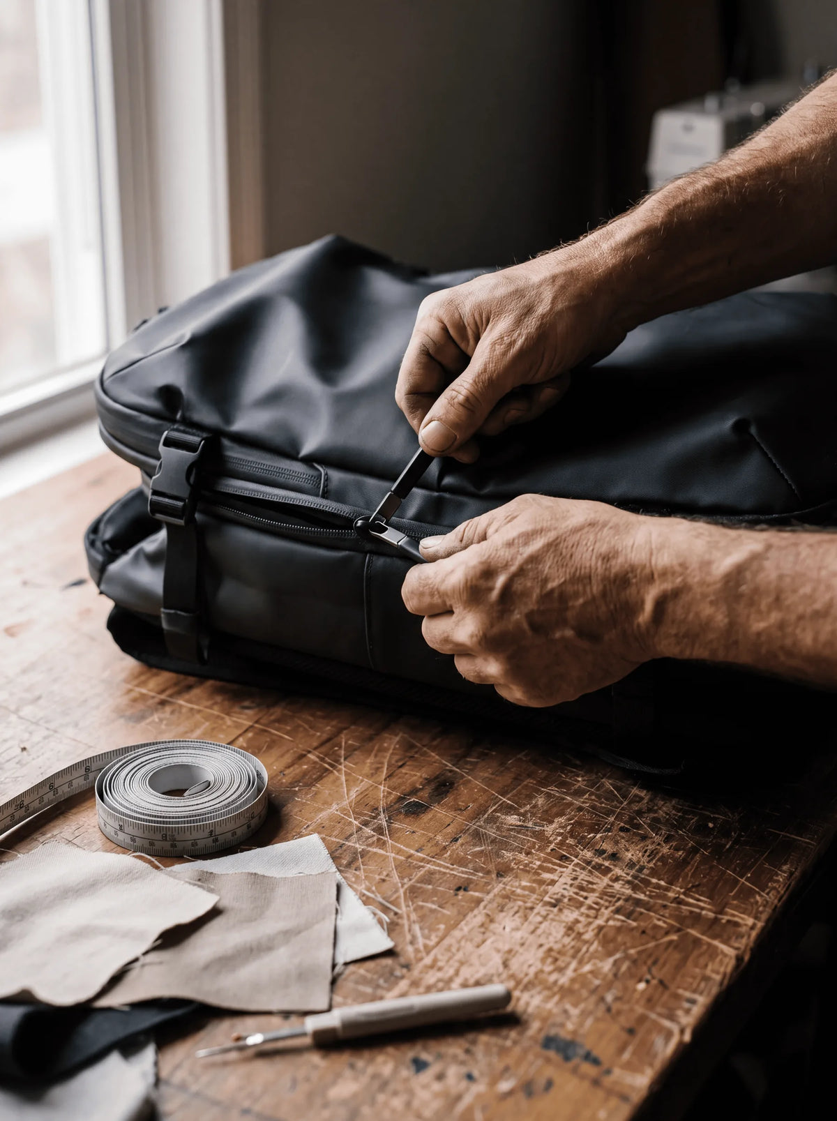 Hands drawing the clamshell zip closed around a PacknTrip ProPack on a workbench